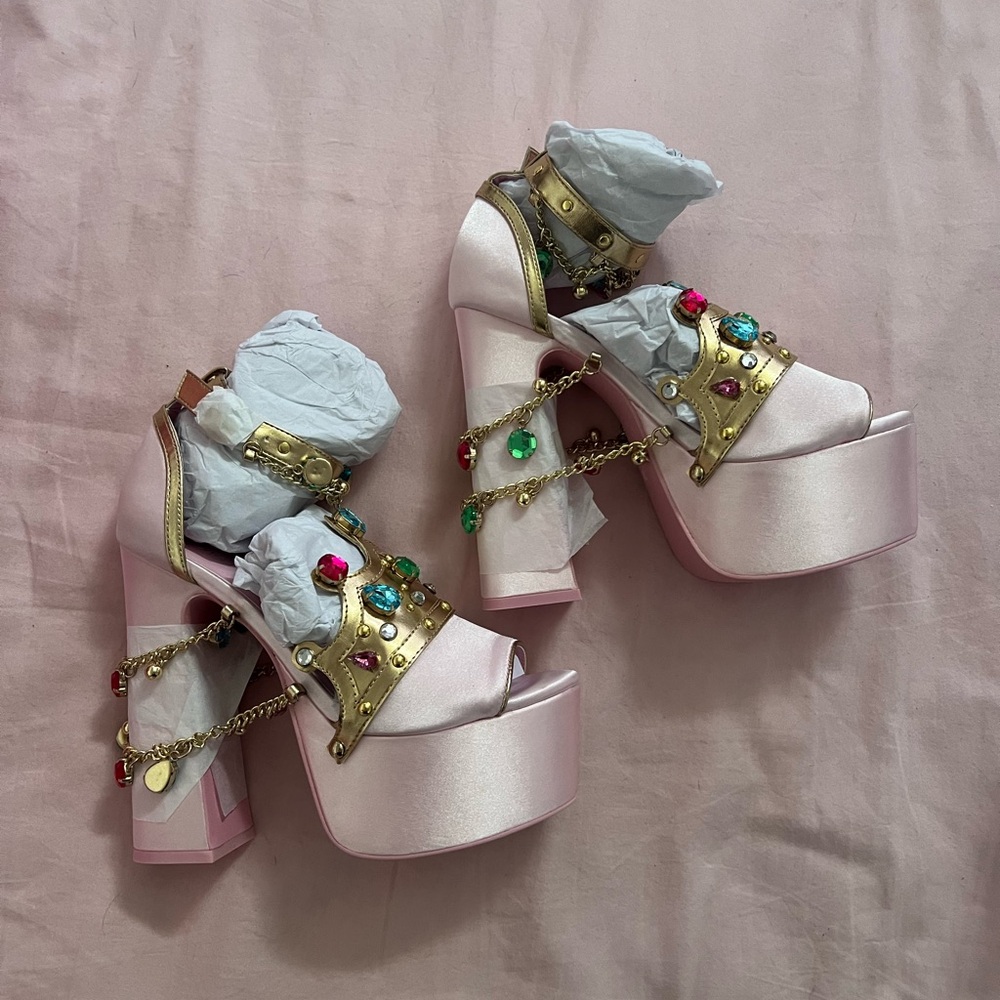 Sugar Thrillz Pink Princess Crown Heels with Gold and Jewel Details